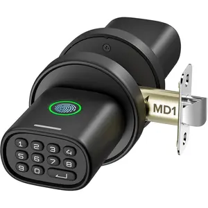 Fingerprint Door Knob, Keyless Door Knob with Keypad Biometric  Thumbprint, Auto-Lock for Interior Doors for Bedroom, , Office, Garage, 4xAA Alkaline (NOT Included), MD1 Black