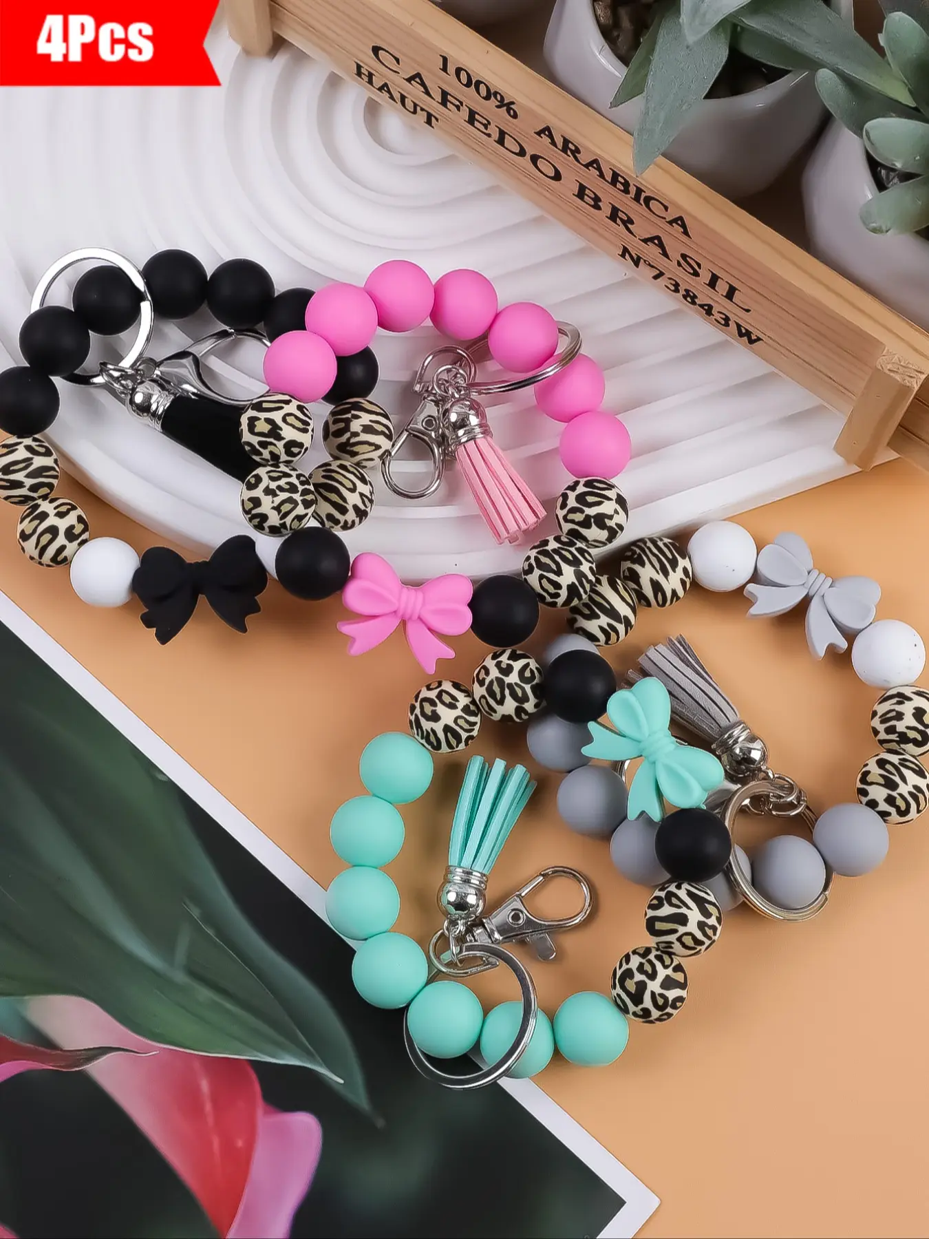 4-Piece Sweet Cool Girls' Beaded Wrist Keychain Collectible Set, Macaron-Colored & Leopard Beads, Bow Design Soft-Touch Cute Gift Keychain