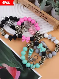 4-Piece Sweet Cool Girl Beaded Wrist Keychain Set, Macaron Color & Leopard Beads, Bow Design, Soft Touch, Cute Keychain, Perfect Gift