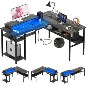 Homieasy Reversible L Shaped Desk with Power Outlets and RGB LED Light, Sturdy Computer Desk with Ergonomic Monitor Stand and Storage Shelves, Corner Desk for Home Office, Easy Assembly, Black Oak