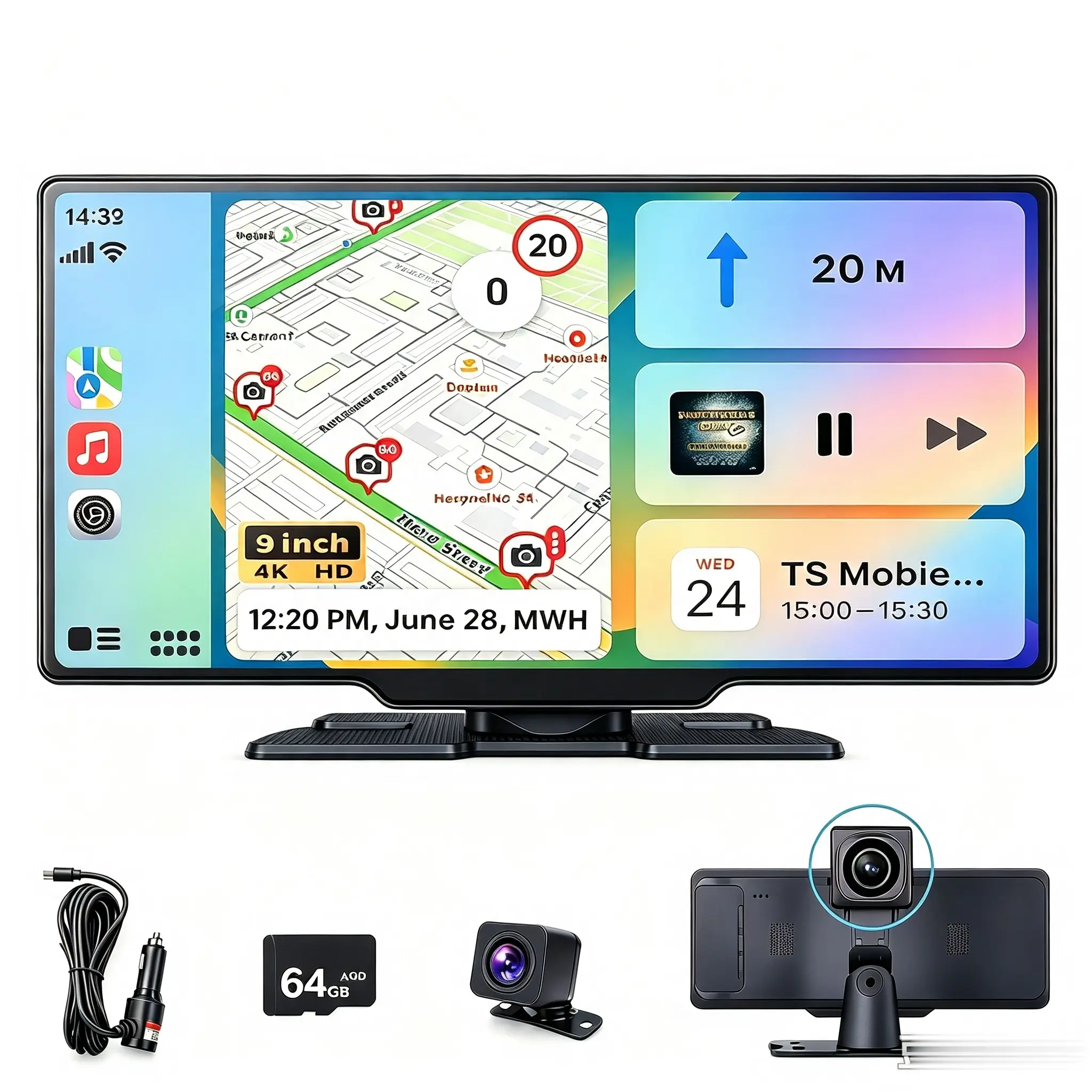 2027 Latest 9-inch Wireless Carplay Screen display screen with 4K Dash Cam & 1080P Backup Camera GPS Navigation Bluetooth All Cars Portable Touchscreen for Carplay & Android Auto