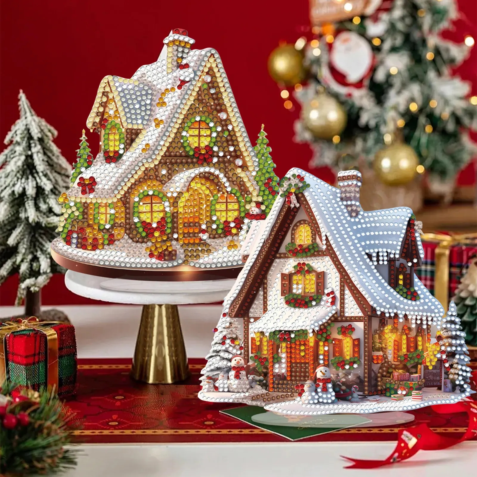 Early Bird Christmas Decor - 2Pcs 2D Acrylic Christmas Snow House Diamond Painting Tabletop Stand Ornament, DIY AB Rhinestone Christmas Cabin Diamond Art Desktop Decor,  Pre-Order for Early Bird Winter Holiday Handmade Craft Home Party Gift