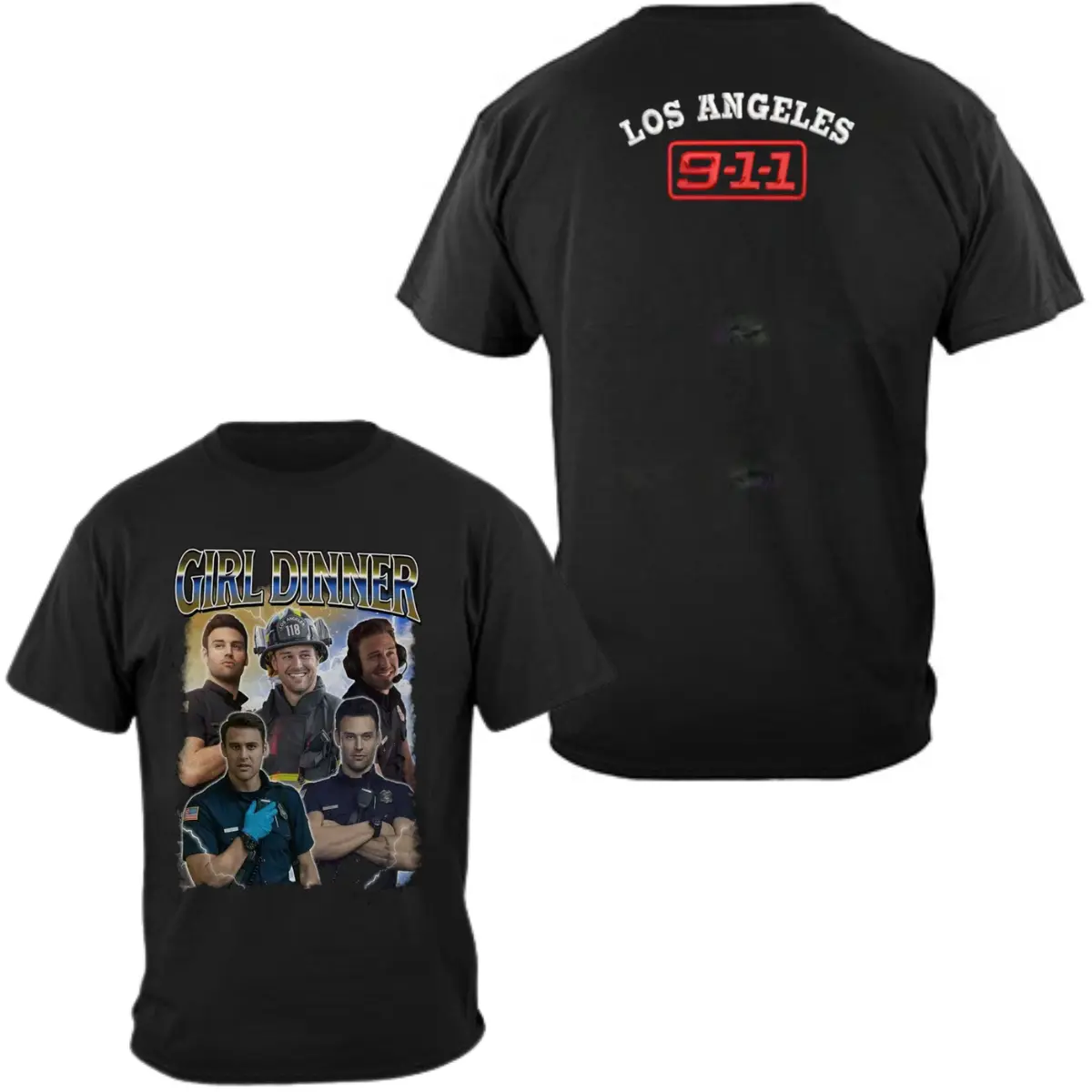 Girl Dinner T-Shirt, 2 Sides 911 Firefighter Meme Tee for Men & Women – Sexy First Responder Fan Gift, Buck Eddie Hen Chimney Shirt