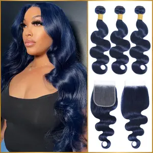 ALHER Body Wave 3 Bundles With 4x4 Closure Dark Blue Color Human Hair 12A 100% Brazilian Hair Bundles 100g/pc and Free Part Closure Pre plucked for Black Women Midnight Blue 150% Density