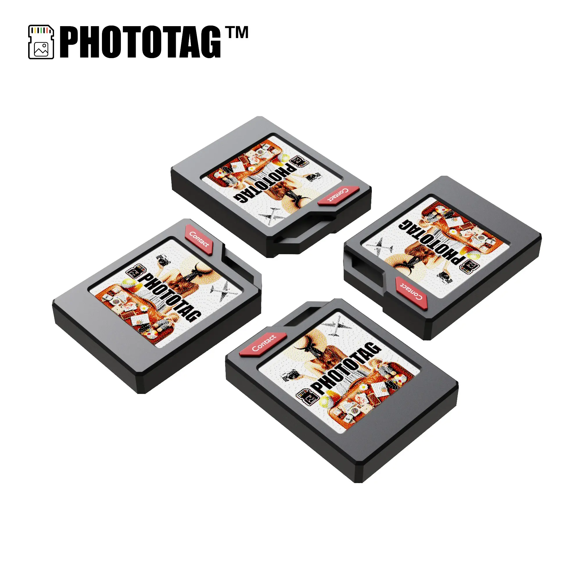PhotoTag: Customizable e-ink tracker（4-Pack） for keys, wallets, luggage. Compatible with Apple Find My . Displays photos and emojis.  Up to 10 months of battery life and  IP65 waterproof. Replaceable battery.