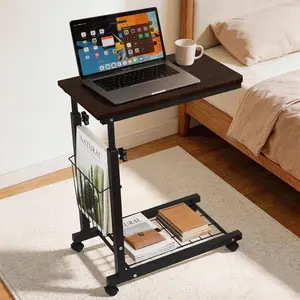 Adjustable Overbed Table with Wheels, Rolling Laptop Desk with Storage Shelf, Height Adjustable Bedside Table for Bed, Sofa & Home Office, Red Walnut