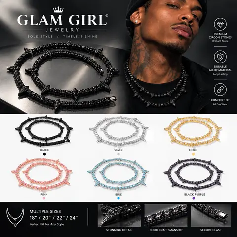 Men's Iced Out Style Luxe Spiked Alloy Necklace - Zircon Rhinestone Sparkle, Metal Coating, Choker-Style Statement Chain, 18in/20in/22in/24in Long, for Streetwear, Evening, Gifts