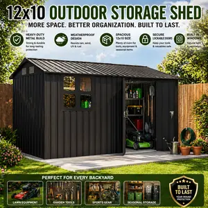 Outdoor Storage Shed 12x10 Metal Garden Shed with Windows and Storage Shelves Black Backyard Tool House for Lawn Mower Organization Weatherproof Heavy Duty Utility Building for Home Improvement Backyard Makeover Ideas