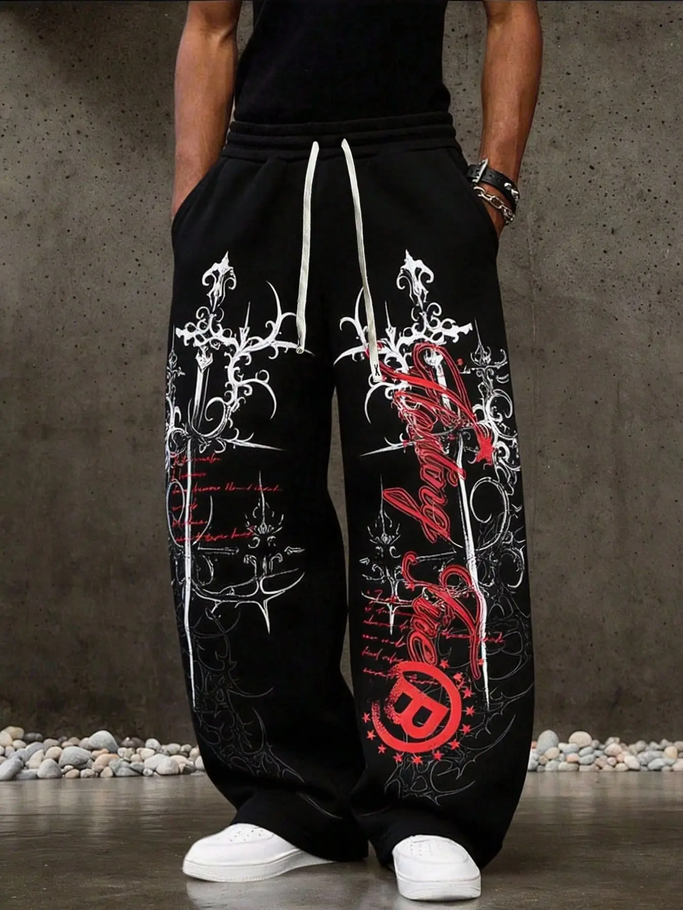 Men's Gothic Graphic Long Pants, Loose-Fitting Drawstring Waist, Preppy Style, All-Seasons Casual Sportswear, Casual Sports Bottoms, Colors, Drawstring Waist Sweatpants, Casual Lounge Sweatpants