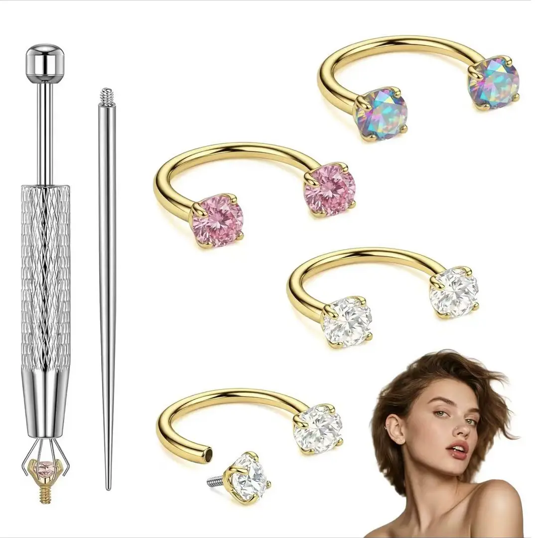 18G Titanium Steel Nose Ring Set, Internally Threaded Gem-Inlaid Horseshoe Hoop, Surgical-Grade Steel Body Jewelry with Insertion Tool