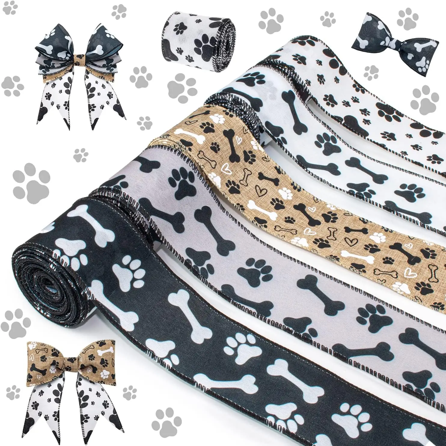 Dog Ribbon Paw Print Ribbon 5 Rolls Wired Edge Ribbon 2.5 Inch 25 Yards Burlap Wired Ribbons for Crafts Party Home Ornaments Wedding Gift DIY Decoration Wrapping Bow Making Wreath Decor