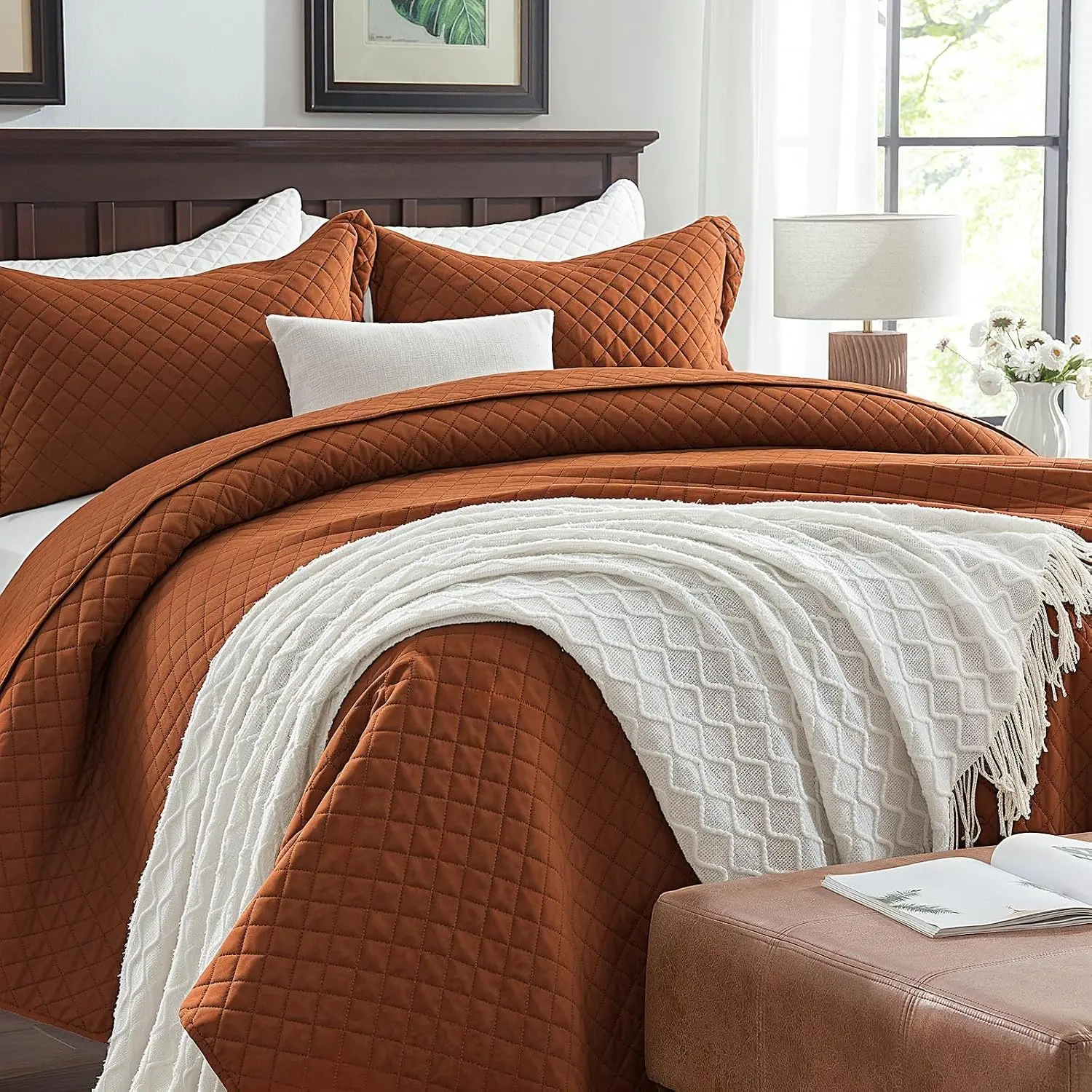 Sunstyle Home Quilt Set King Brunt Orange, Lightweight Comforter Bedspread Soft Reversible Coverlet King Size for All Season 3Pcs Rust Diamond Quilted Bedding Sets Bed Cover (1 Quilt 2 Pillow Shams) SunStyle Home