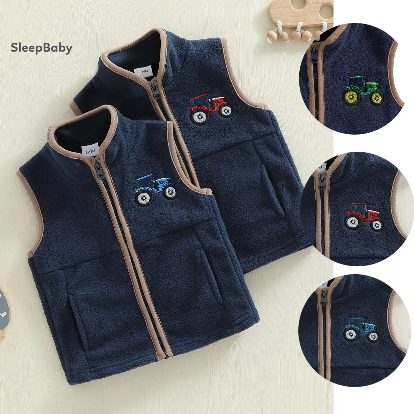 Baby Boys' Autumn Casual Sleeveless Stand Collar Zip-Up Fleece Vest with Tractor Embroidery, Sleeveless Zipper Vest