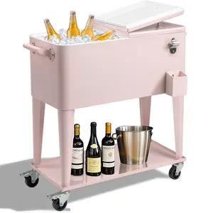 80QT Pink Rolling Cooler Cart with Wheels - 48H Insulated Ice Chest, Bottle Opener, and Storage Shelf for Patio, BBQ Parties