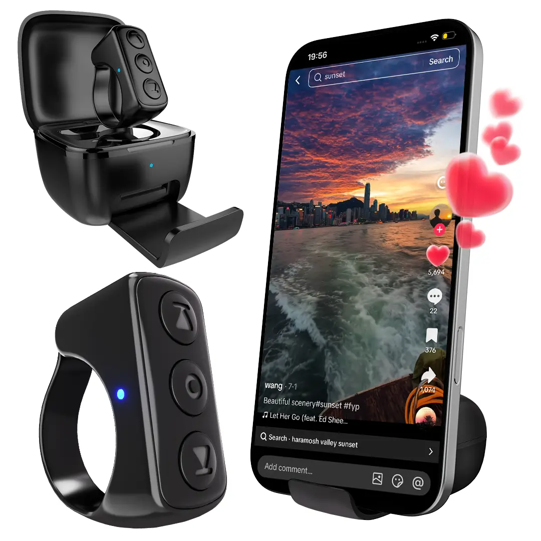 A01Pro Xring Bluetooth Scrolling Ring Remote, TikTok Video Scroller, Selfie & Video Camera Shutter, E-Book Page Turner, Music & Volume Control, Charging Case with Phone Stand, for iPhone, iPad & Android