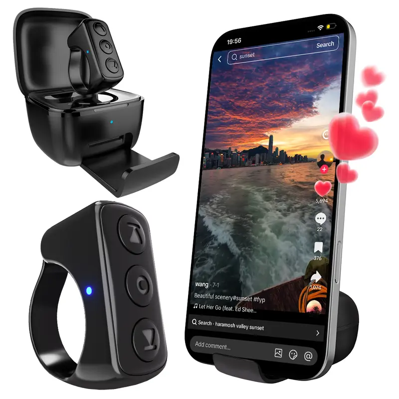 A01Pro Xring Unisex Lightweight Wireless Smart Ring - Bluetooth Smartphone Accessory, Camera Shutter, TikTok Scroller, E-Book Turner, Music/Volume Control, Compact Folding USB-C Charging Case with Phone Stand for iPhone, Android (yes to key functions)