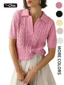 Women's Plain Cable Knit Sweater Pullover, Casual Short Sleeve Collared Jumper for Spring, Fashion Women's Knitwear for Daily Wear