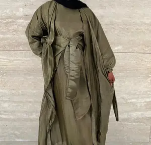 Marwa 3 piece Organza Abaya Set- Army Green