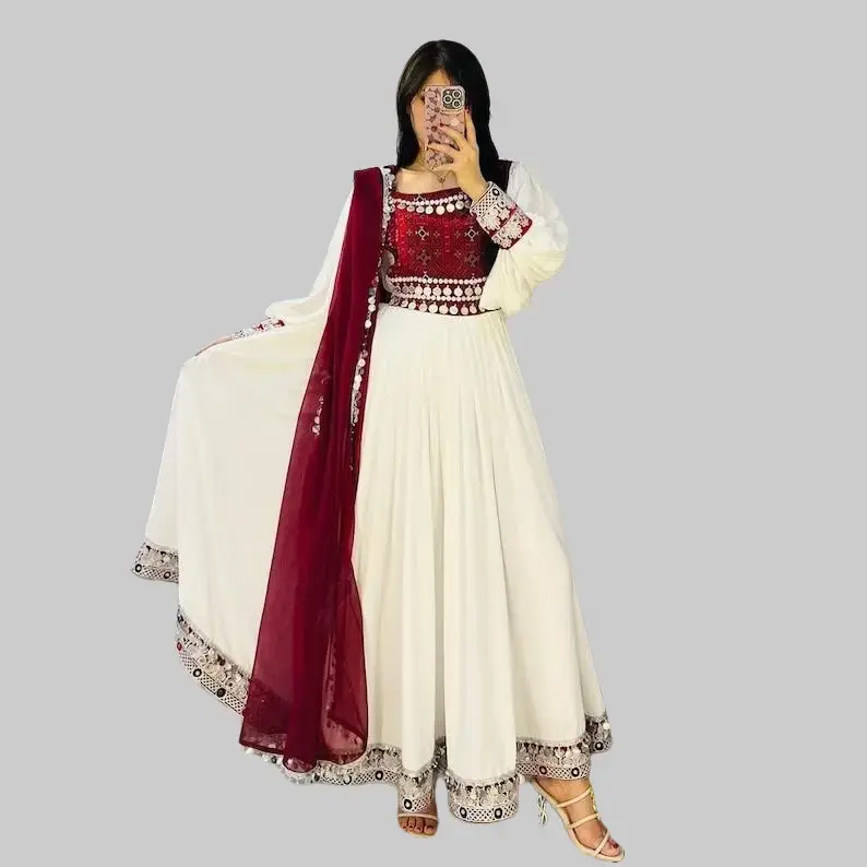 Afghan Traditional Dress for Women, White Embroidered Kuchi Maxi Dress with Red Bodice & Dupatta