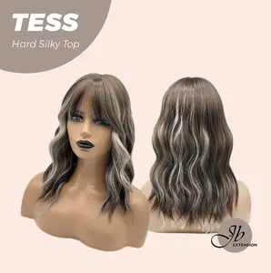 JBEXTENSION 15 Inches Scalpiana Wave Light Brown with Highlight 3.5X4 Hard Silky Top Natural Scalp Effect Wig with Bangs TESS