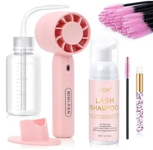 Lash Shampoo Kit 2.02 fl oz Lash Cleaning Kit with Rechargeable Fan Dryer/Brush/Rinse Bottle, Oil-free Cleanser Wash for Extensions & Clusters & Natural Eyelashes, Cleaner for Eyelash Care