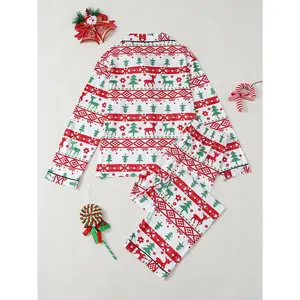 Christmas vibe max! Red-green reindeer/Christmas tree print pajamas, long-sleeve lapel + pants, all-over print + button details. Festive feel locked, fitting and practical. Four-season loungewear. Menswear Nightwear Bestie Polyester Set Tops