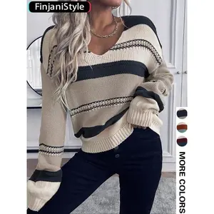 Women’s Casual Fashion Colorblock V-Neck Pullover Sweater, Loose Fit Knitted Top for Fall & Winter, Moderate Fabric, Stylish Ladies’ Clothing