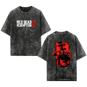 [EOVCAU]Red Dead Redemption 2 Arthur Morgan Double Sided Printed Oversized Acid Washed Cotton T Shirt Lightweight Heavyweight Game Graphic Tee Short Sleeve Crewneck Casual Daily Streetwear Fashion Top for Mens Adult Gaming Lovers, Gift For Game Fans