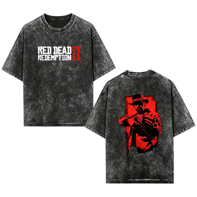 [EOVCAU]Red Dead Redemption 2 Arthur Morgan Double Sided Printed Oversized Acid Washed Cotton T Shirt Lightweight Heavyweight Game Graphic Tee Short Sleeve Crewneck Casual Daily Streetwear Fashion Top for Mens Adult Gaming Lovers, Gift For Game Fans