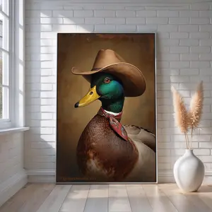 [sale off up to 40%] [Frame Canvas] Cowboy Duck Canvas Print, Funny Western Animal Portrait, Rustic Farmhouse Decor