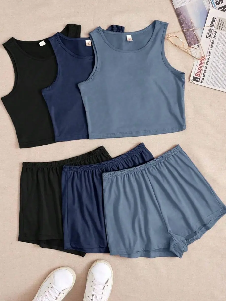 Solid Color Tank Top and Shorts Set - 3-Pack Casual Loungewear Pajama Homewear Outfit