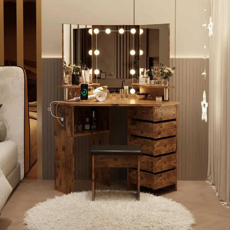 【Restock Sale】GARVEE Makeup Vanity Desk with Adjustable Lights, Power Outlet, and 5 Rotating Drawers - Stylish Corner Dressing Table with Shelves and Stool for Women and Girls, Perfect for Makeup and Beauty Routine.