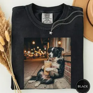 Comfort Colors Funny Border Collie Drinking Iced Coffee Shirt, Animal Meme Tee, Dog Lover Gift, Funny Collie Shirt, Coffee Tee, Dog Mom Gift OT