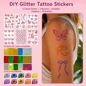Glitter Tattoo Kit Stickers with 60+ Trendy Designs, 6 Sheets Temporary Glitter , 10 Vibrant Glitter Powder Colors and 2 Brushes,Shimmer Body Art Makeup Set,Perfect for Birthday Parties, Festivals, Concerts, Summer Events, Creative Crafts