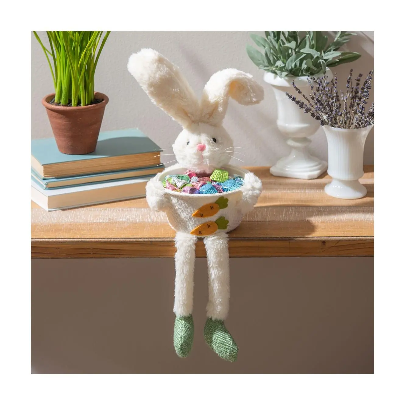 Evergreen Fabric Bunny with Bowl and Dangling Legs Table Decor Evergreen Fabric Bunny with Bowl and Dangling Legs Table Decor
