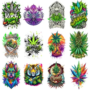 12 Sheets Iron on Weed Transfer Stickers Polyurethane Patches for DIY T Shirts Hoodies Bags Hats