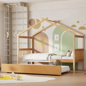 Twin Size Wooden House Bed with Twin Size Trundle