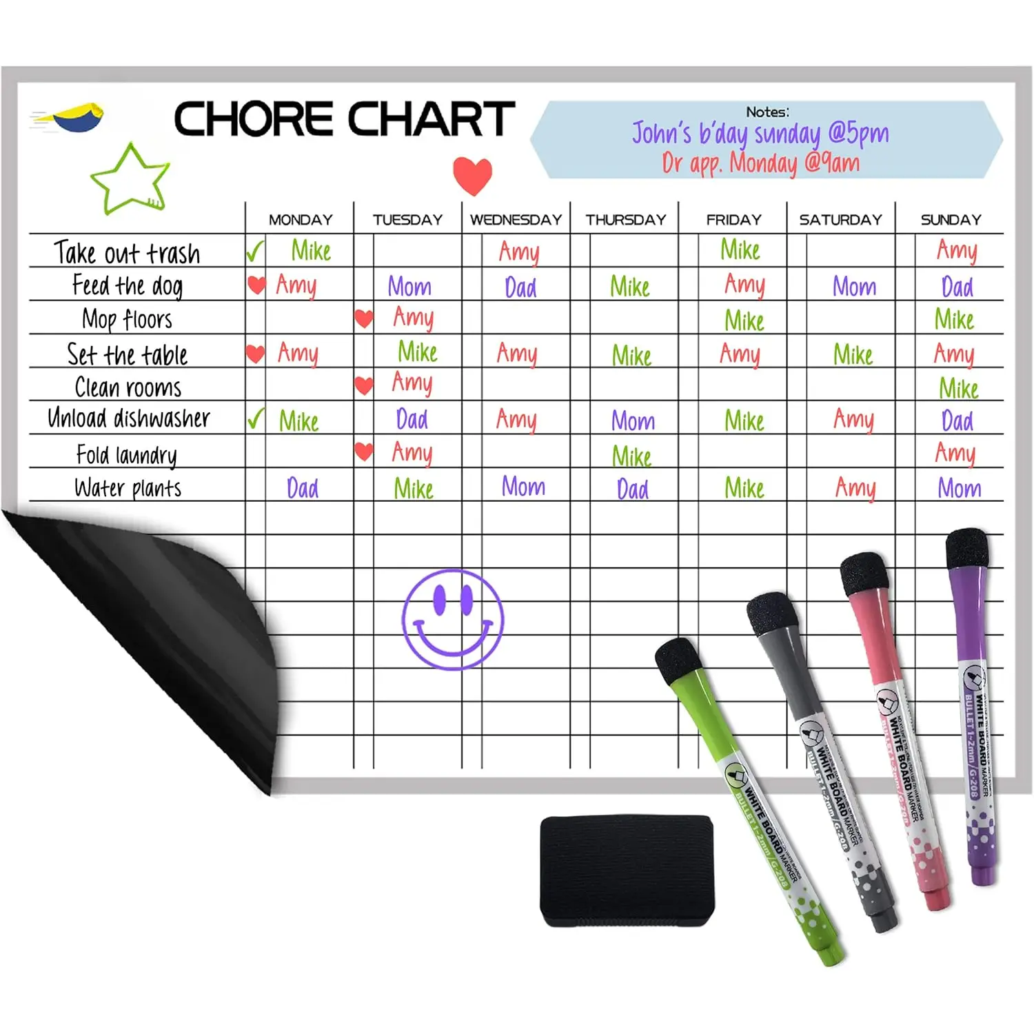 Dry Erase Family Chore Chart - 17x12 in Fridge Chore Tracker for Parents, Weekly Office Planner with 4 Markers & Eraser, Mess-Free Wipe, Stay on Track Easily, Turn Chaos Into Calm, Fosters Independence