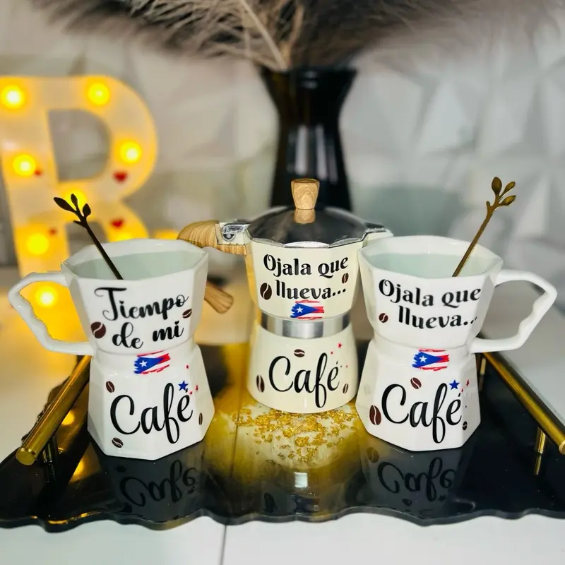Kitchen Coffee Set with Two Cups and Decorated Coffee Pot Desing PR