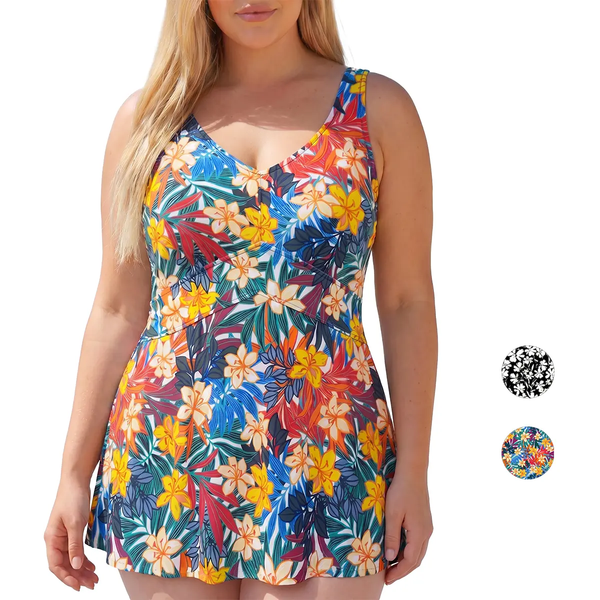Women's Plus Size Swimdress 1-Piece Swimsuit with Matching Skirt, Floral Tummy Control, Full Coverage V-Neck Swimwear for Cruise, Beach 2026, Plus Size Swimsuits