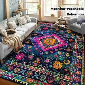 Velvet carpet, colorful Bohemian patterned velvet mat, exquisite Persian design, suitable for indoor and outdoor use, living room, room floor ma