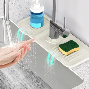 14.6 inch Faucet Mat for Kitchen Sink [5 ° Slope Fast Self-draining] Faucet Mat Kitchen Sink Splash Guard Silicone Sink Splash Guard Kitchen Sink Area Tidy Splash Faucet Guard Draining Mat-Beige