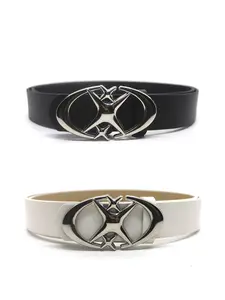 2pcs Oval Cross Metal Buckle Belt, Pu Leather Belts, Fashion Simple Casual Jeans Belt For Men And Women, Ideal For Gifts