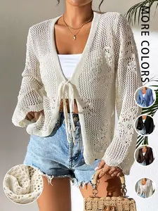 Women's Plain Sheer Tie Front Sweater Cardigan, Casual Long Sleeve Cardigan for Daily Wear, Ladies Knitwear for All Seasons