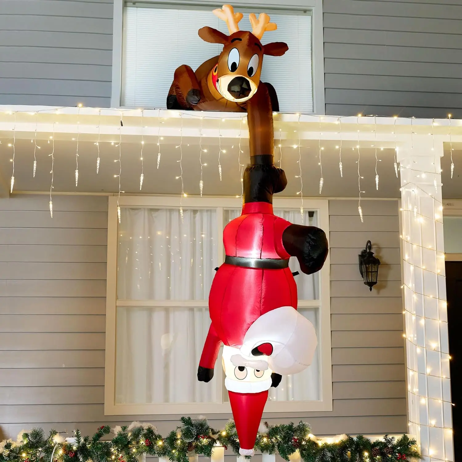 8 FT Hanging Christmas Inflatables Decoration Reindeer and Climbing Santa, Blow Up Santa with Build-in LED for Xmas Party Indoor, Outdoor, Yard, Garden, Lawn Decor
