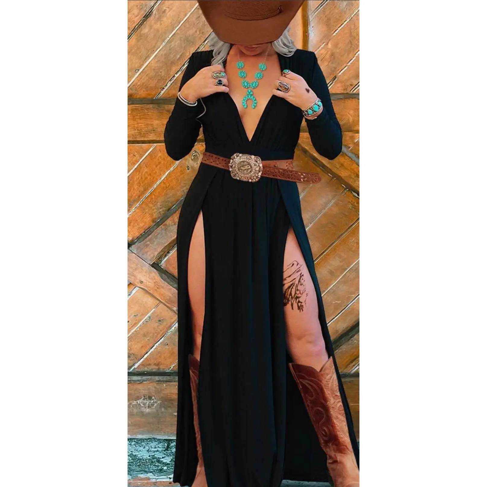 Plunging Neck Double Side Slit Dress