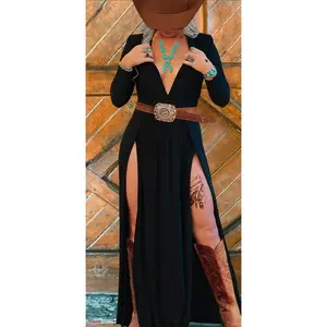 Plunging Neck Double Side Slit Dress