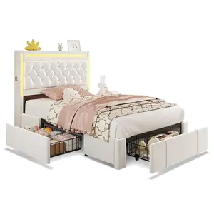Sikaic Twin Size Velvet Upholstered Bed Frame with 3 Drawers Beige Led Storage Headboard Bedroom Furniture