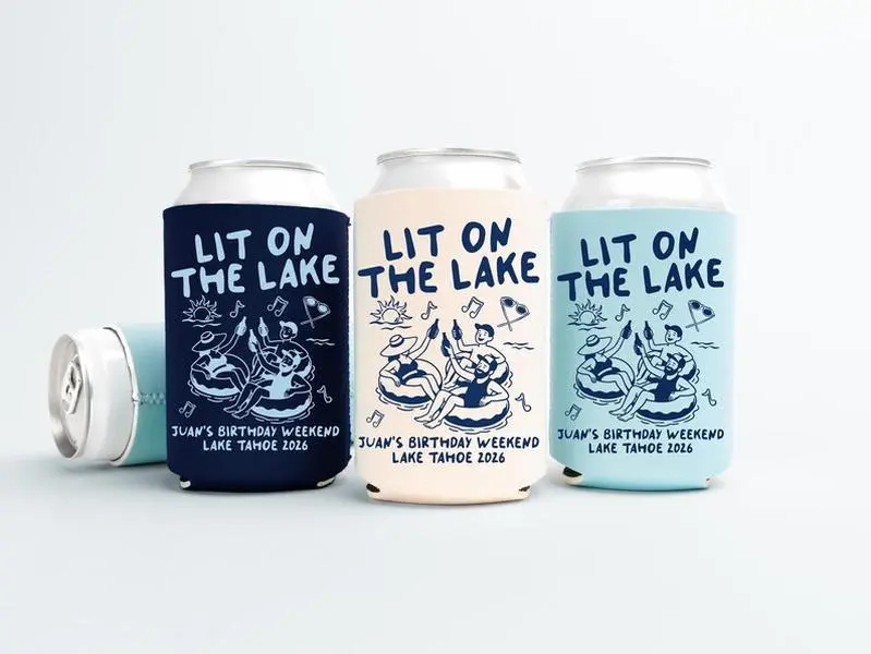 Personalized Lake Birthday Can Cooler, Custom Lit On The Lake Drink Sleeve, Camping Birthday Party Favor, Lake House Beverage Holder