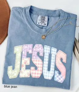 Jesus Patchwork Comfort Colors Shirt, Christian Coquette Graphic Tee, Cute Faith Based T-Shirt, Pastel Patch Lettering Comfort Colors Tee, Trendy Religious Gift Shirt